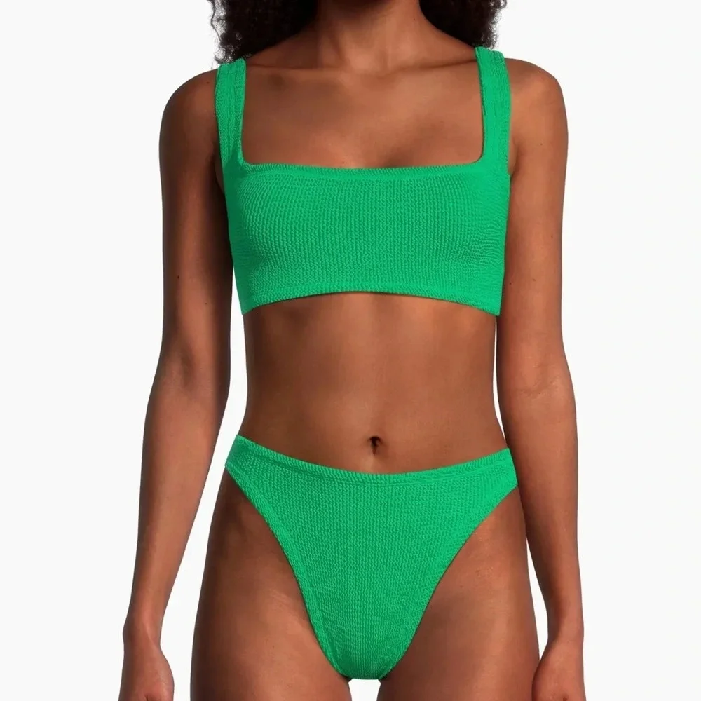 Hunza G Xandra Bikini SET Green Emerald Revolve Crinkle Stretchy Swimwear